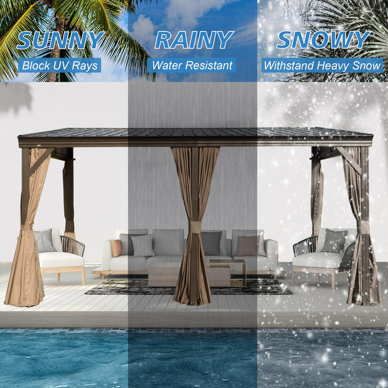 SHPAI 12’ x 16’ Lean to Gazebo, Outdoor Wall Mounted Gazebo Aluminum Frame, Hardtop Pergola with Galvanized Steel Sloping Roof for Patio Deck Garden Backyard, Curtain and Netting Included