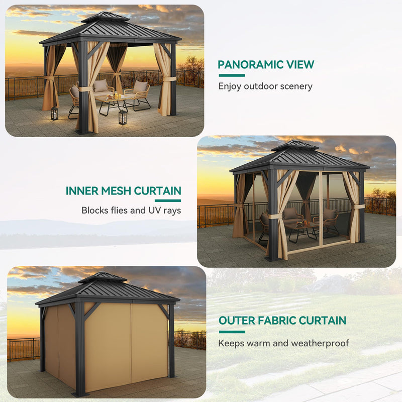 YITAHOME 10X10FT Hard Top Metal Gazebo Patios Double Roof Canopy Aluminum Frame Garden Gzebo Tent Curtains Netting for Patios Backyards Decks Lawns Brown