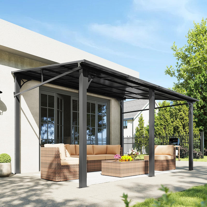 Aoxun 10' x 14' Lean to Gazebo, Upgraded Hardtop Outdoor Pergola with Sloping Galvanized Steel Roof, Large Wall-Mounted Heavy Duty Awnings for Patio, Backyard, Deck, Porch (Black)