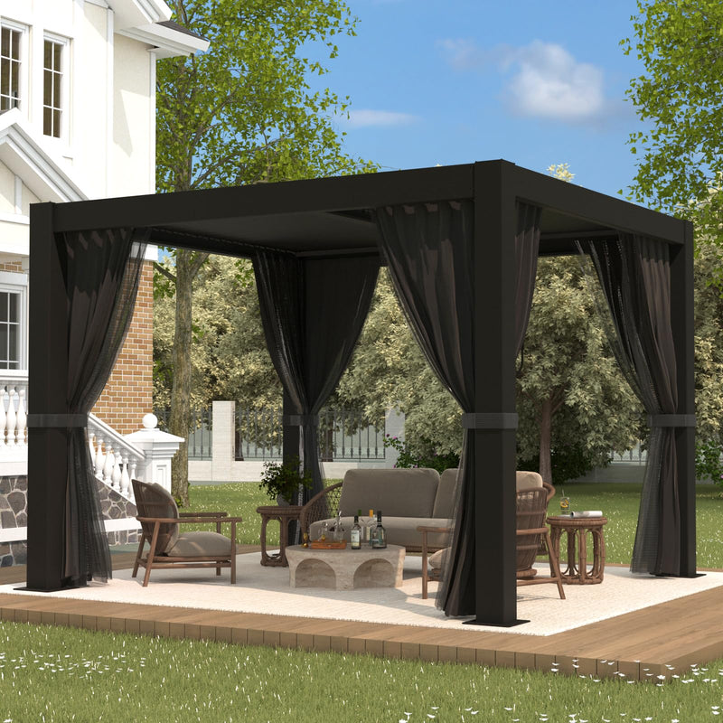 LVUYOYO Louvered Pergola 10' x 10', Outdoor Pergola with Adjustable Roof, Patio Aluminum Frame Metal Gazebo with Curtains and Netting for Patio, Backyard, Garden, Deck (Black)