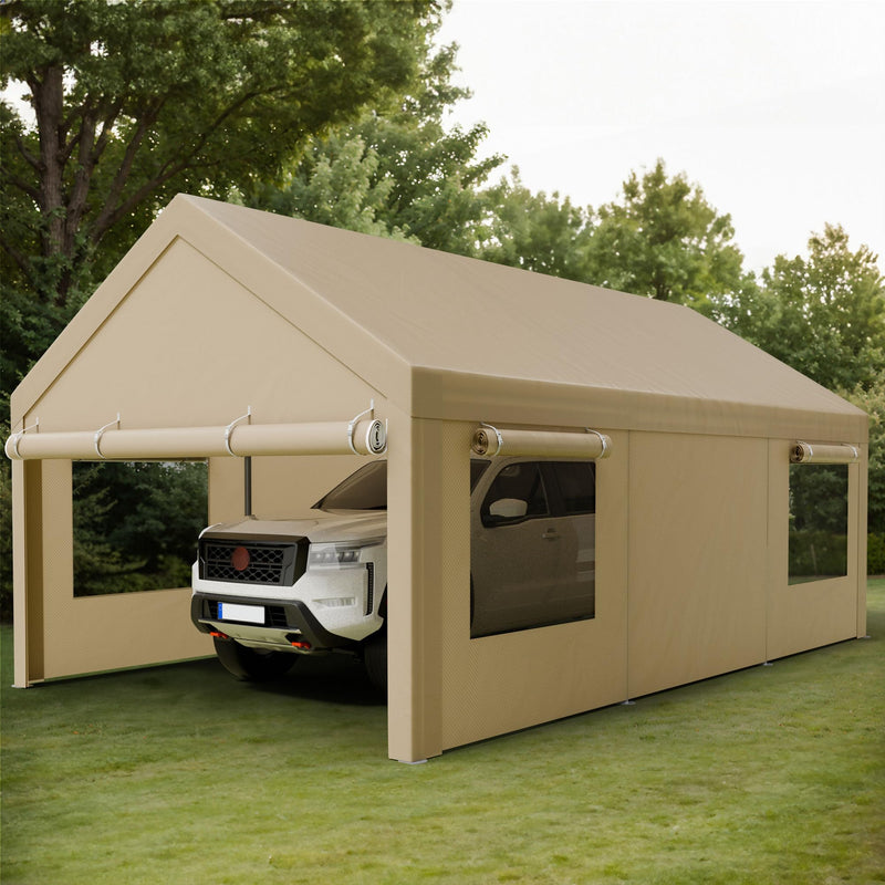 Shintenchi Carport 12' x 20' Heavy Duty Portable Garage, Car Port Canopy with Side-Opening Removable Door & Roll-Up Windows, Car Canopy for Truck,Car,Boat,Motorcycle,Khaki