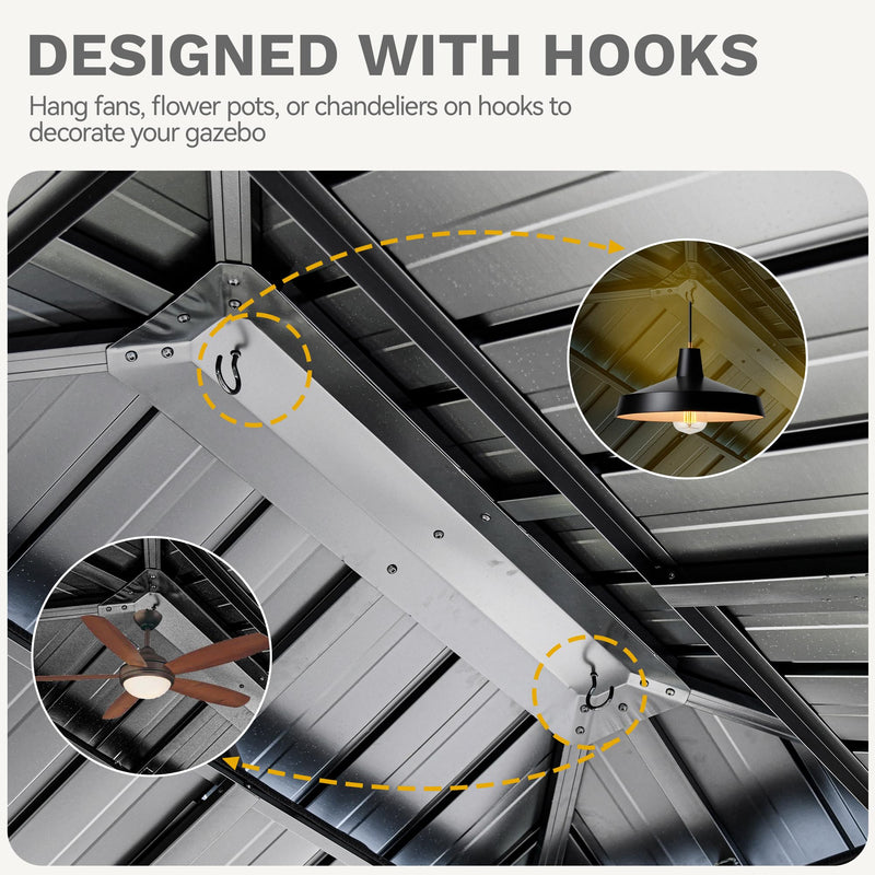 DWVO 13X15FT Gazebo Wood Outdoor Wooden Frame Double Roof Hardtop Galvanized Steel Top Canopy w/Curtain and Netting, Patio Heavy Duty for Deck, Backyard, Beige Yellow