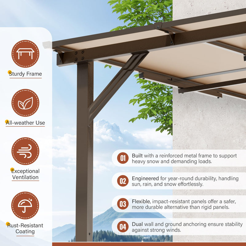 Oakcloud 10' x 14' Outdoor Wall Mounted Gazebo, Patio Lean to Gazebo Pergola with Sloped Roof, Large Heavy Duty Awning for Patio, Backyard, Deck