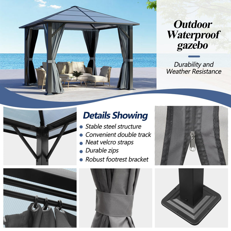 GARTOO 10’x10’ Patio Hardtop Gazebo with Polycarbonate Roof, Waterproof Outdoor Canopy Gazebo, Steel Frame Permanent Pavilion with Curtains and Netting, Perfect for Backyard, Patio, Lawn, Garden