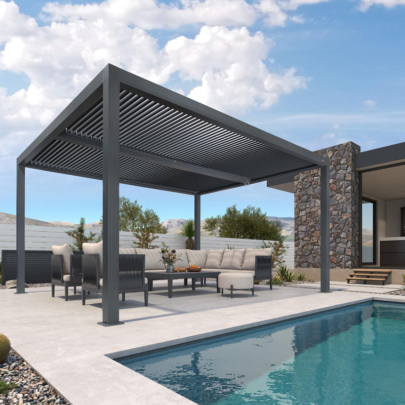 PURPLE LEAF LED Louvered Pergola 11'x 14' Full Aluminum Frame and Adjustable Roof Integrated Strip Lights for Outdoor Deck Garden Patio Gray Hardtop Gazebo Pergola