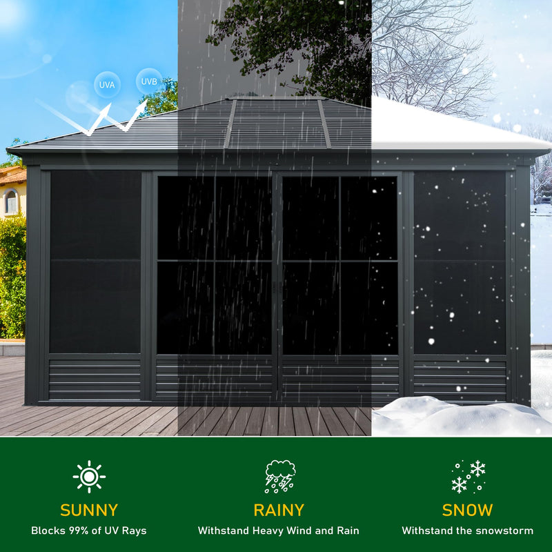 Domi 12x15FT Outdoor Sunroom, All-Season Solarium Gazebo with Galvanized Steel Roof, 4 Sliding Doors, Detachable PVC Screen, Aluminum Permanent Sun Room for Patio Deck Garden