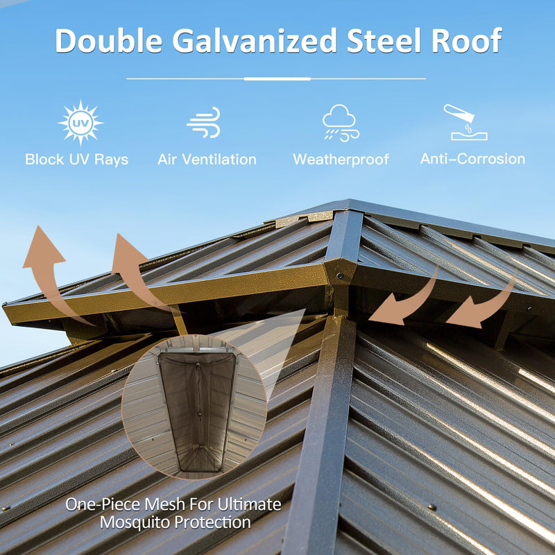 Domi 10' X 12' Hardtop Gazebo, Upgraded Metal Gazebo with Drainage System, Dual-Layer Galvanized Steel Roof, Curtain and Netting, Outdoor Shelter Canopy for Patio, Garden, and Backyard, Brown