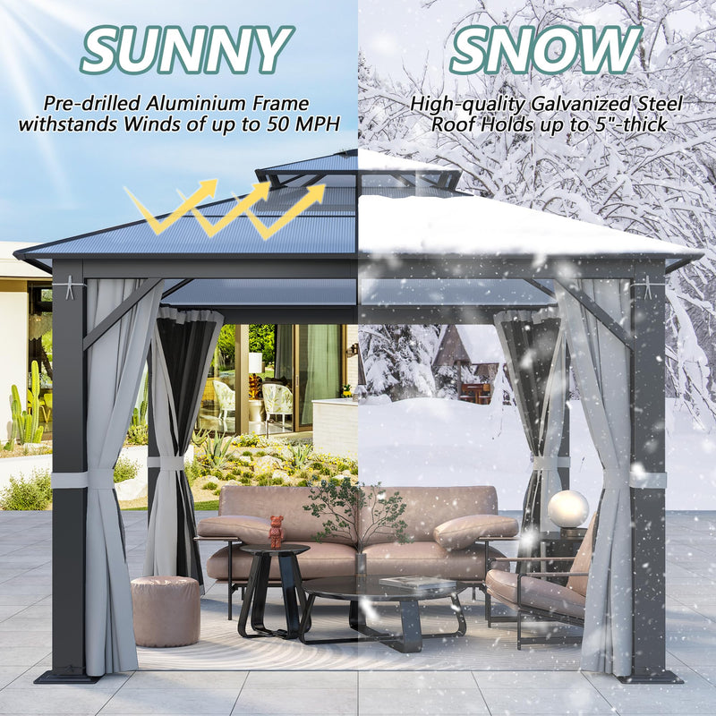 Howsvn 10'x10' Hardtop Gazebo, Outdoor Polycarbonate Double Roof Gazebos with Netting and Curtains, Heavy Duty Metal Pavilion for Patio, Backyard, Deck and Lawn