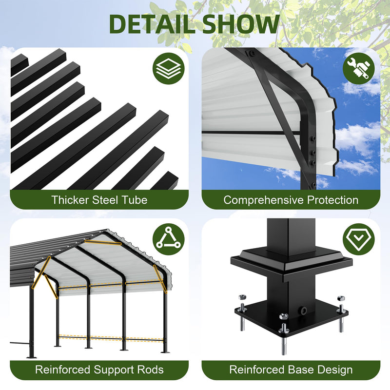 JAMFLY 12X15 FT Carport, Heavy Duty Carport Canopy with Galvanized Steel Roof and Frame, Metal Carport Upgraded Extra Large Garage for Pickup, Boat, Car and Tractors