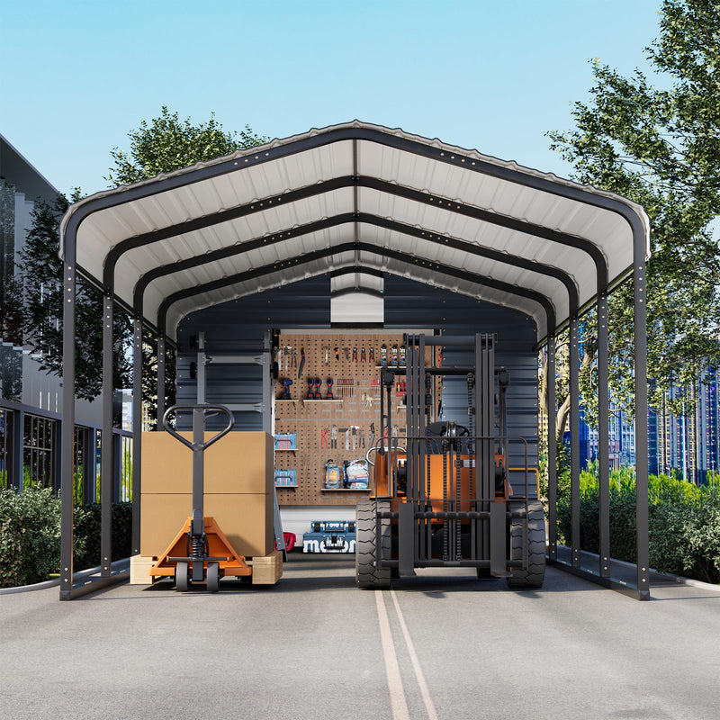 EROMMY 10x25 FT Carport Storage Shed 2-in-1, Heavy Duty Car Port with Galvanized Metal Frame, Base-Reinforced Enclosed Storage Shelter, Extended Coverage for Trucks, Cars & All Vehicles, Gray