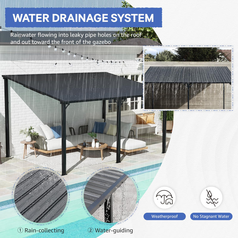 SUNSITT 10'x 14' Gazebo, Outdoor Lean to Gazebo Pergola w/Drainage Holes, Wall-Mounted Gazebo with Hard Top Metal Awnings for Patio Backyard Deck, Dark Grey