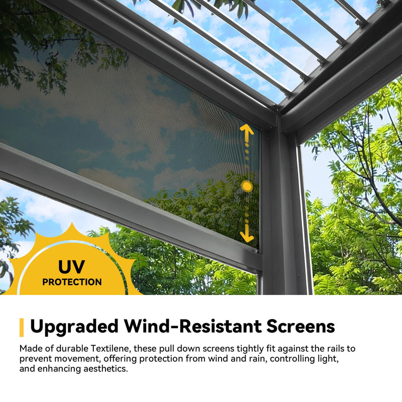 MELLCOM Louvered Pergola with Screen 10x13, Wall-Mounted Adjustable Pergola, Lean to Aluminum Gazebo with 3 Pull-Down Screen Sides and Adjustable Roof for Backyard, Dark Gray