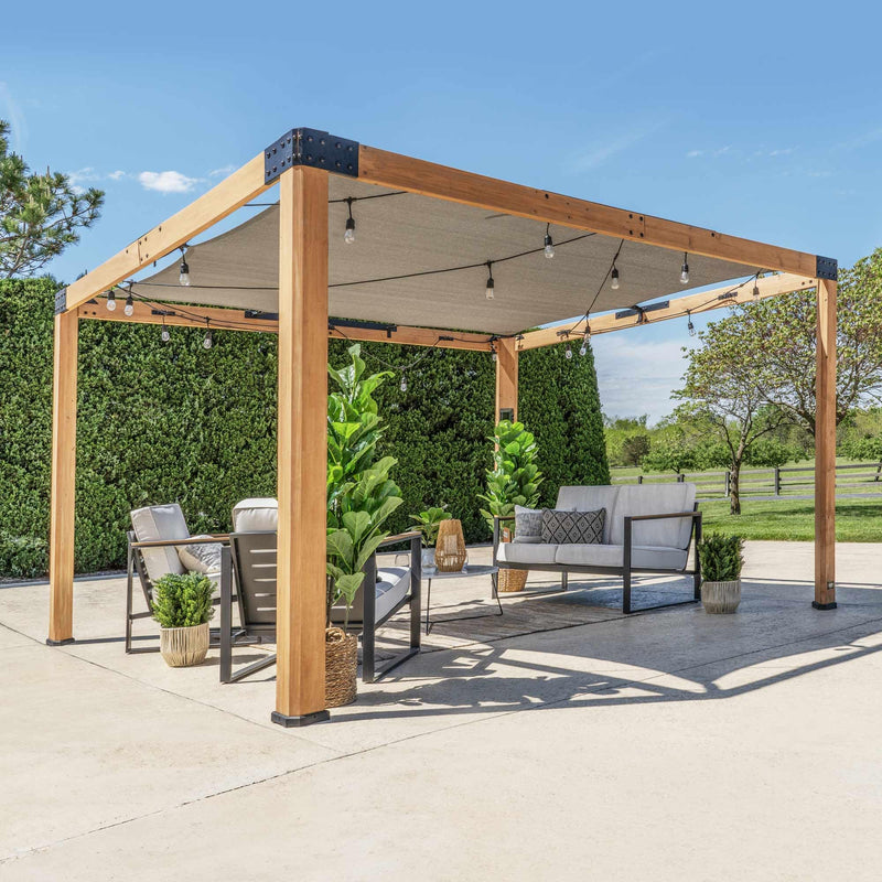 Backyard Discovery Brendan 12' x 10' Modern Cedar Wood Pergola Kit with Heavy-Duty Sun Shade Sail Screen Canopy, PowerPort, High-Wind Rating for Outdoor Patio, Garden, Deck, and Entertaining
