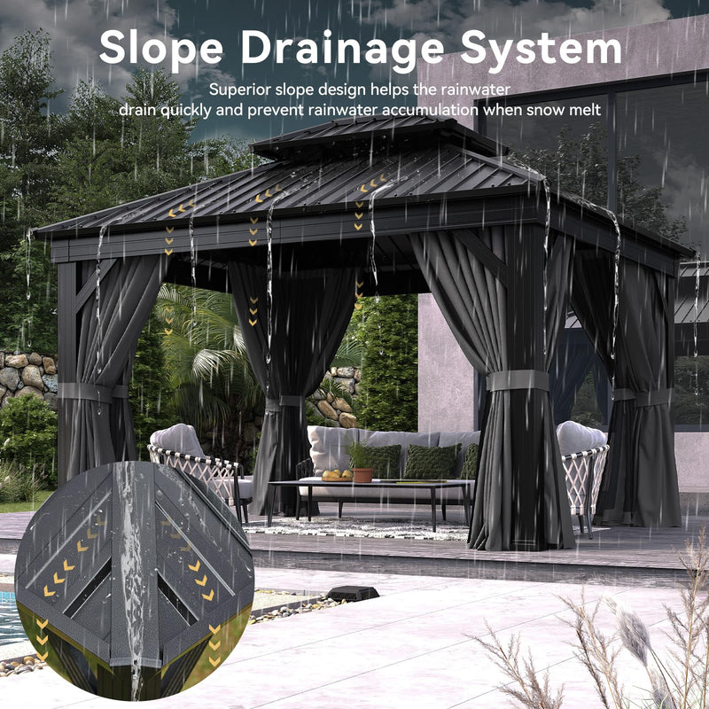 Aoxun 10' X 12' Hardtop Gazebo, Aluminum Outdoor Gazebo with Galvanized Steel Double Roof Canopy, Permanent Metal Pavilion with Privacy Curtain and Netting, for Garden, Backyard, Square Foundation