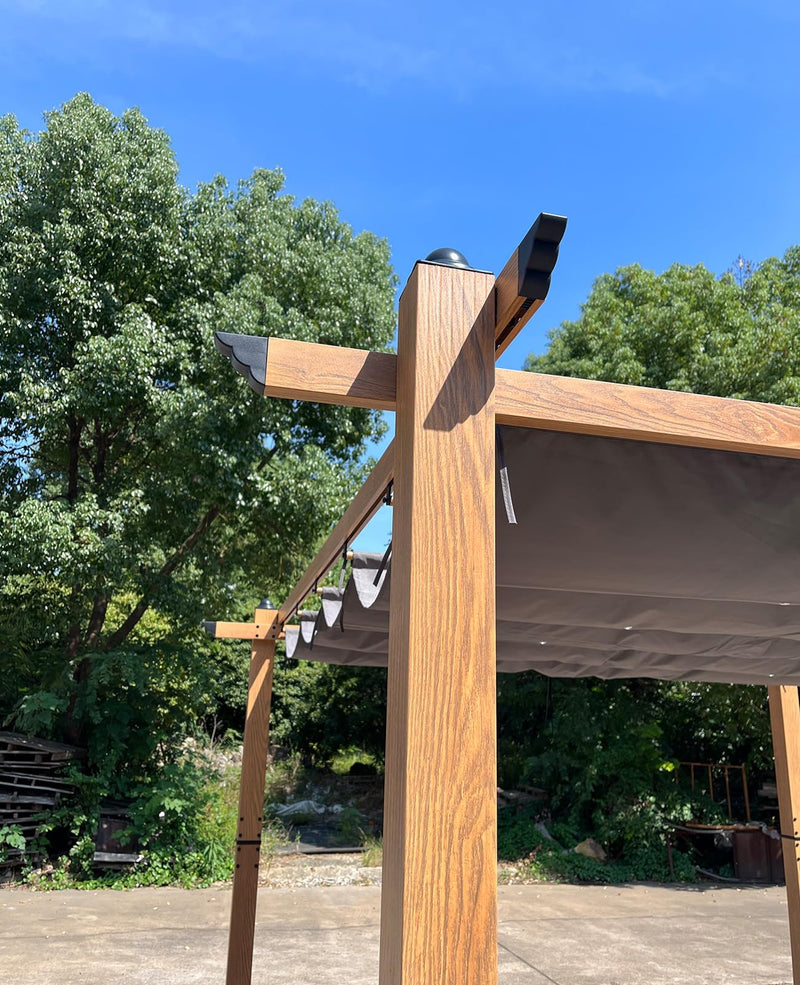 GarveeLife 10x13 Ft Outdoor Pergola with Retractable Canopy Upgraded Outdoor Aluminium Pergola, Faux Wood Grain Metal Patio Gazebo for Modern Backyard Deck for Porch, Awning, Grape Trellis, Khaki
