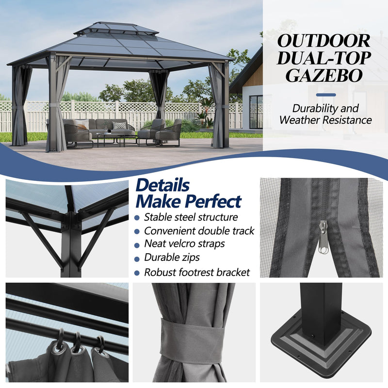 GARTOO 12x14FT Polycarbonate Hardtop Gazebo with Double Roof - Heavy-Duty Steel Frame Gazebo with Breathable Netting & Privacy Curtain for Patio, Porch, Garden, Lawn, Deck, Backyard