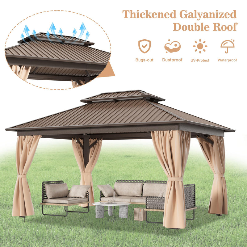 WKM 10x14 FT Hardtop Gazebo with Heavy Duty Galvanized Steel Double Roof, Aluminum Frame Permanent Pavilion with Curtains and Netting, Outside Canopy Gazebo for Patio, Deck and Backyard,Brown