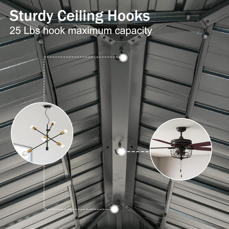 Domi 10x14FT Hardtop Gazebos, Aluminum Metal Gazebo with Galvanized Steel Double Roof Canopy, Curtain and Netting, Permanent Gazebo Pavilion for Patio, Backyard, Deck and Lawn, Grey