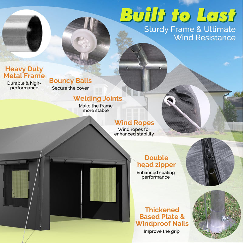 Velway Carport 12x20ft Heavy-Duty Canopy - Portable Garage Metal Carport Featuring Galvanized Frame Waterproof & UV-Protected Tarp with Removable Sidewalls & Doors for Car, Truck, Boat