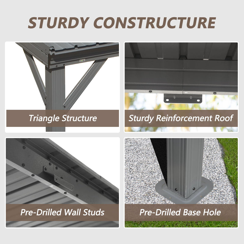 Domi 8' x10' Lean to Gazebo with Upgraded Drainage System, Wall Mounted Gazebo Hardtop Galvanized Steel Sloping Roof for Patio Deck Backyard Lawn Party（Gray）