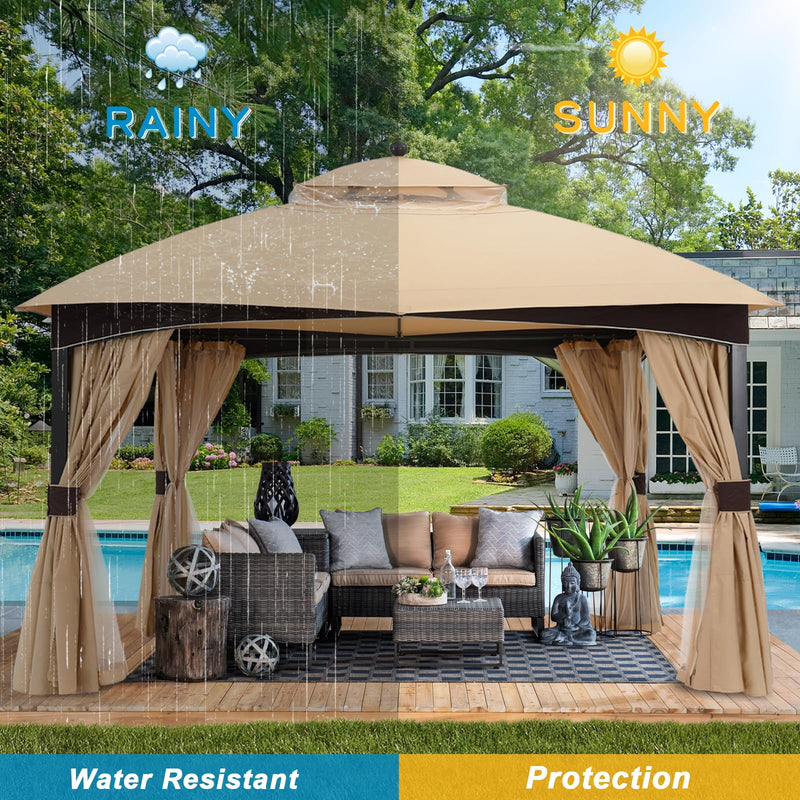 ABCCANOPY Outdoor Gazebo 11x13 with Netting - Double Roof Patio Gazebos for Backyard Garden Deck Lawn, Beige