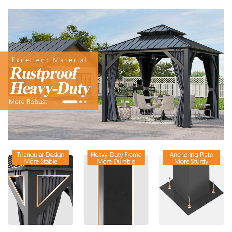 GARTOO 8.5x8.5FT Outdoor Hardtop Gazebo - Aluminum Heavy-Duty Galvanized Steel Top Gazebo with Breathable Netting & Privacy Curtain, Double Roof Gazebos for Patio, Porch, Garden, Lawn, Deck, Backyard