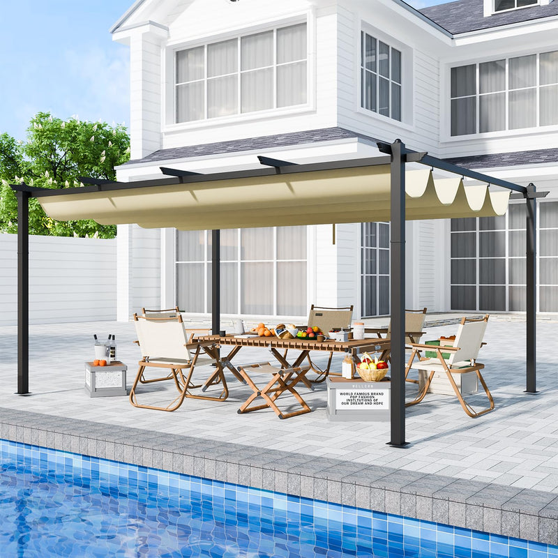 EBE 12'x16' Outdoor Pergola, Metal Patio Pergolas, Heavy Duty Retractable Awning Pergola Sun Shade Canopy for Decks, Gardens and Backyards, Beige