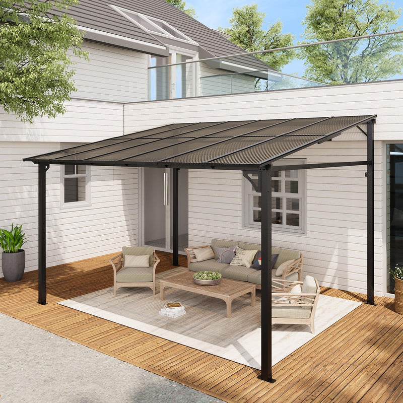 Garvee 10x12 Ft Outdoor Lean to Gazebo, Wall Mounted Patio Hardtop Gazebo Pergola with Polycarbonate Roof, Upgraded Steel Frame Hardtop Pavilion for Patio, Garden, Lawn, Deck
