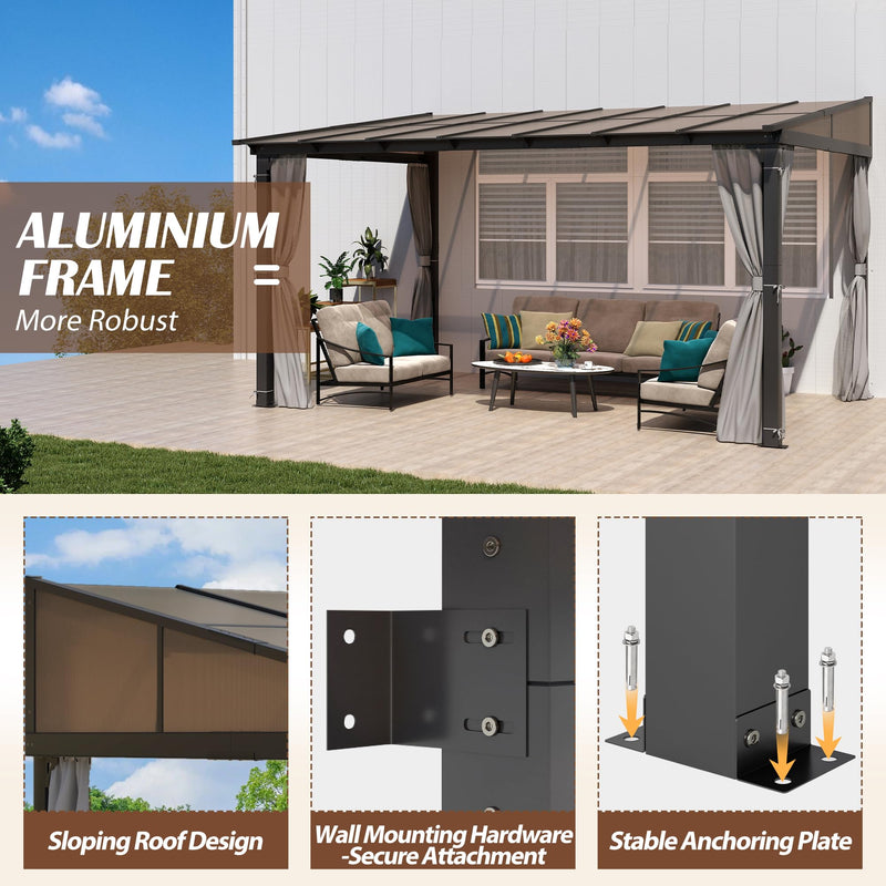 Raysfung 10 x13FT Outdoor Wall-Mounted Hardtop Gazebo, Aluminum Frame Lean to Gazebo with Polycarbonate Roof and Curtains for Patio, Garden, Deck