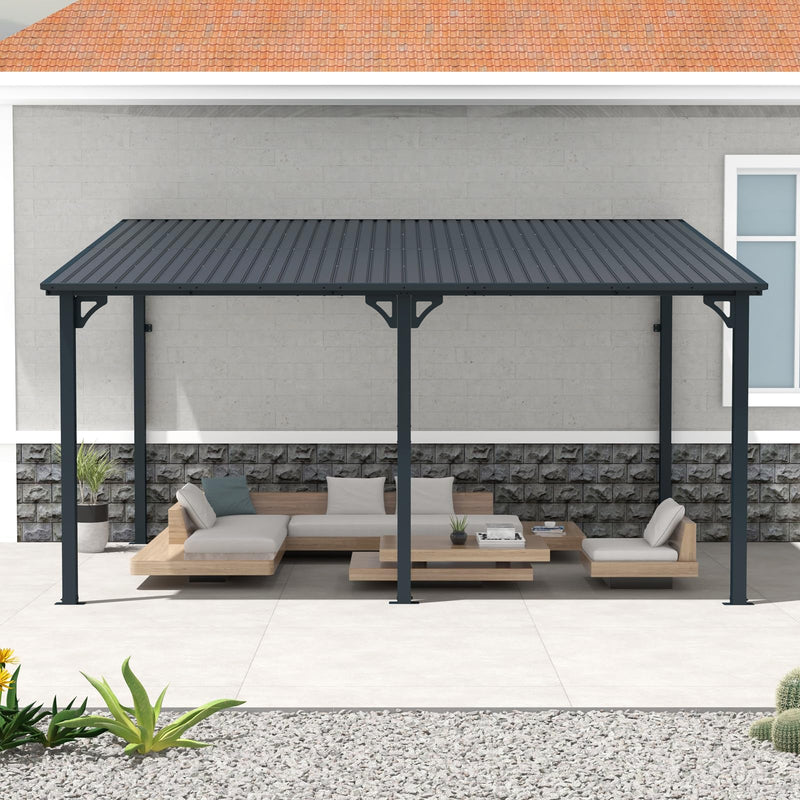 COBANA 10' x 14' Large Gazebo, Hardtop Wall Mounted Lean to Gazebo Pergola with Metal Roof for Patio, Deck, Backyard