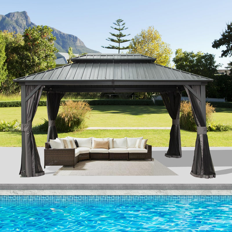 Domi 10x14FT Hardtop Gazebos, Aluminum Metal Gazebo with Galvanized Steel Double Roof Canopy, Curtain and Netting, Permanent Gazebo Pavilion for Patio, Backyard, Deck and Lawn, Grey
