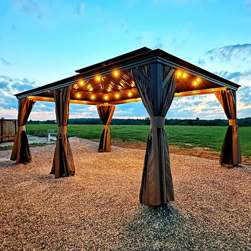 Domi Hardtop Gazebo 12x20FT, Outdoor Gazebo with Galvanized Steel Double Roof, Aluminum Frame, Built-in Gutter System, Curtain and Netting, Metal Gazebo Pavilion for Patio Deck Garden, Brown