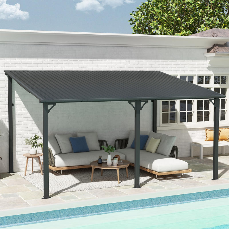 SUNSITT 10'x 14' Gazebo, Outdoor Lean to Gazebo Pergola w/Drainage Holes, Wall-Mounted Gazebo with Hard Top Metal Awnings for Patio Backyard Deck, Dark Grey