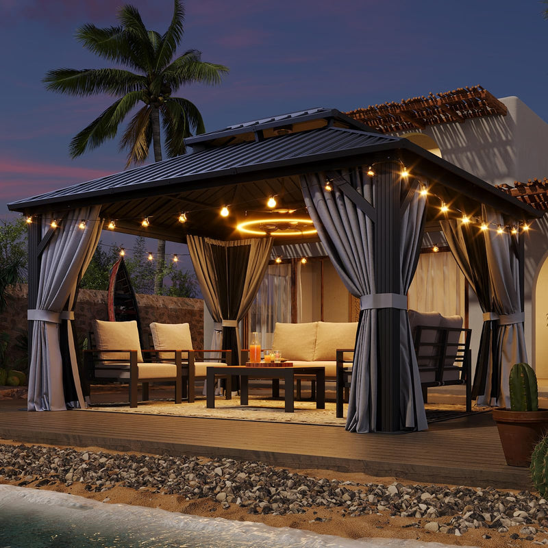 Aoxun Hardtop Gazebo 10x12, Aluminum Frame Canopy with Double Galvanized Steel Roof, Outdoor Gazebo with Breathable Netting and Privacy Curtain for Backyard