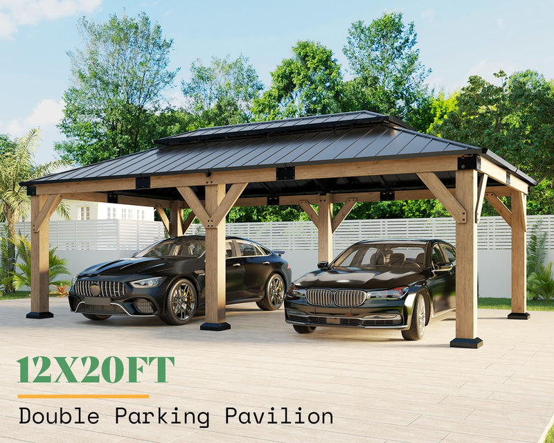 AMERLIFE 12x20 ft Hardtop Gazebo, Spruce Wood Gazebo with Iron Double Roof, Outdoor Pergola with Wood Frame for Garden, Porch, Patio, Charcoal Gray + Brown Gray