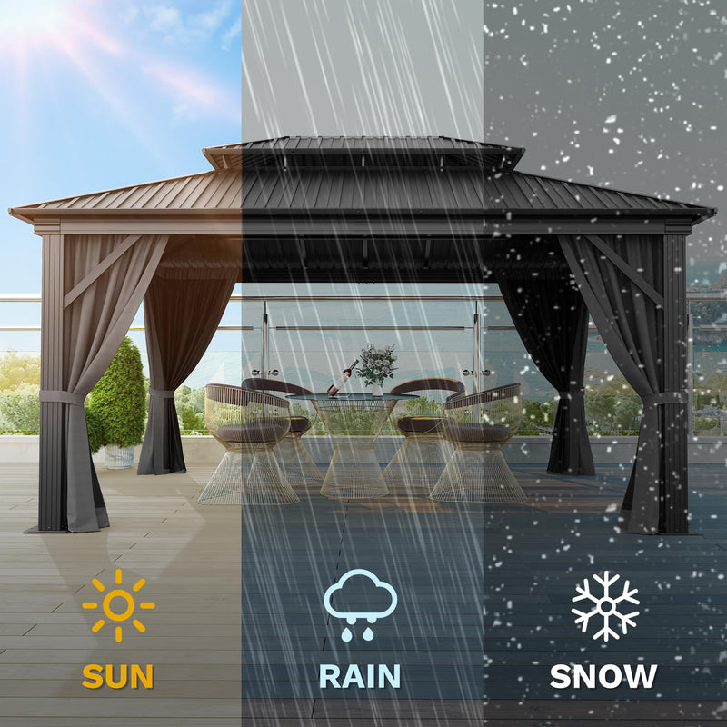 DWVO 12x16ft Gazebo Double Roof Hardtop with Nettings and Curtains, Heavy Duty Galvanized Steel Outdoor Vertical Stripes Roof for Patio, Backyard, Deck, Lawns, Grey