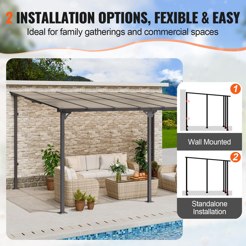 VEVOR Lean to Gazebo for Patio, 10' x 14' Hard Top Gazebo with Aluminum Frame, Wall Mounted & Freestanding Pergola, UV Resistant Polycarbonate Roof, Outdoor Patio Awnings for Deck, Garden and Backyard