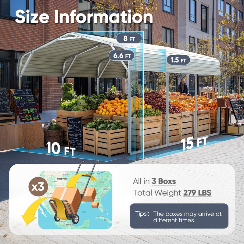 Quictent 10x15 ft Metal Roof Carport Kits Hard Top Garage Heavy Duty Steel Car Canopy, White