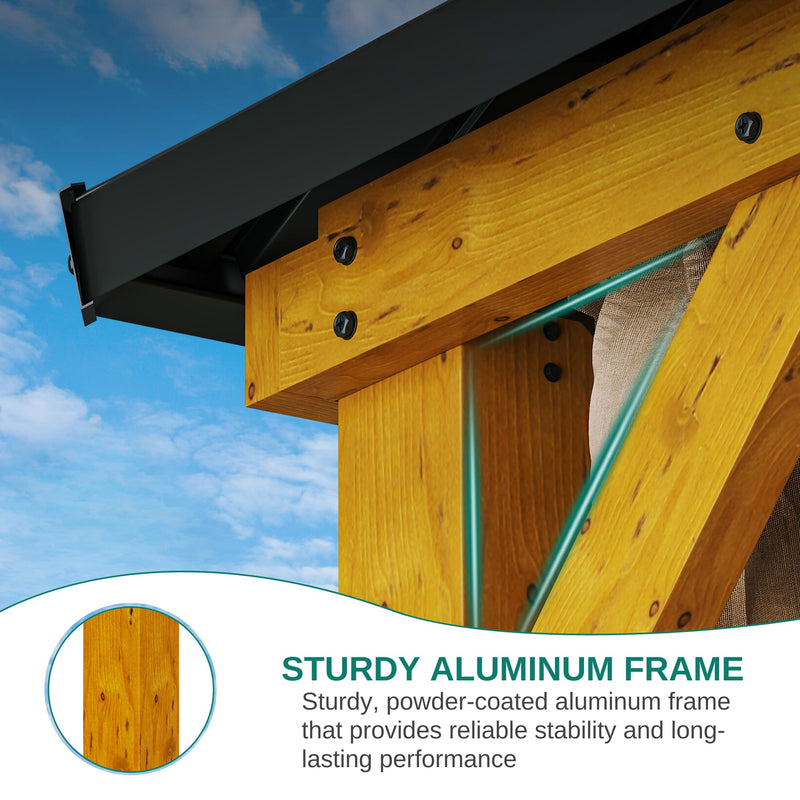 YITAHOME 13X15FT Wood Gazebo Outdoor Wooden Frame Double Roof Hardtop Galvanized Steel Top Canopy w/Curtain and Netting, Patio Heavy Duty Gazebo for Deck, Backyard, Beige Yellow