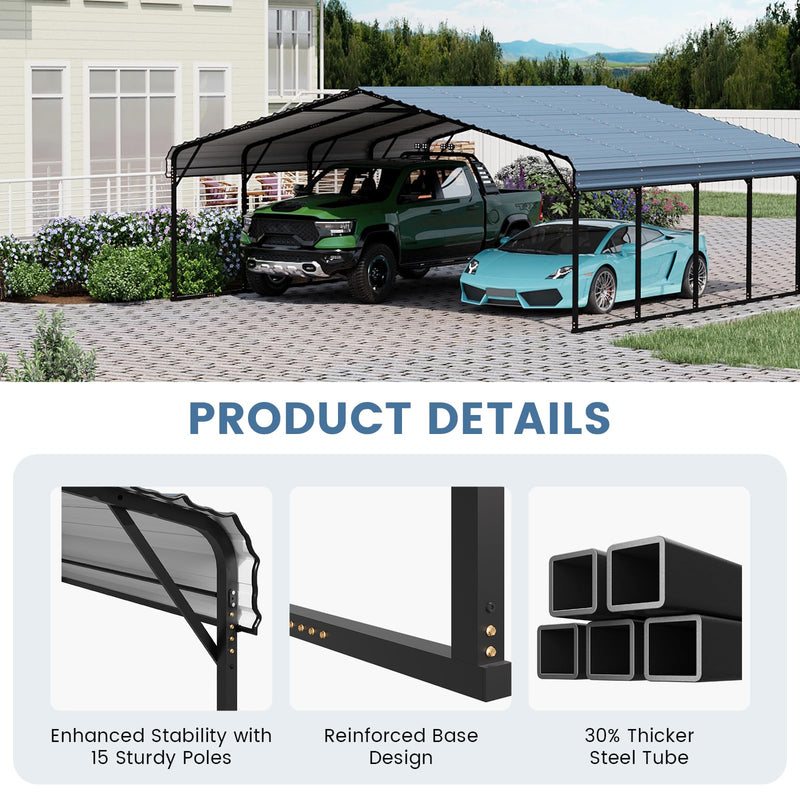EROMMY 20x20FT Stable Metal Carport, All-Weather Heavy-Duty Carports with Strong Base, Sturdy Car Shed with Galvanized Steel Roof and Frame, Easy Assembly Car Port for 2 Cars, Tractors, Boat, Gray