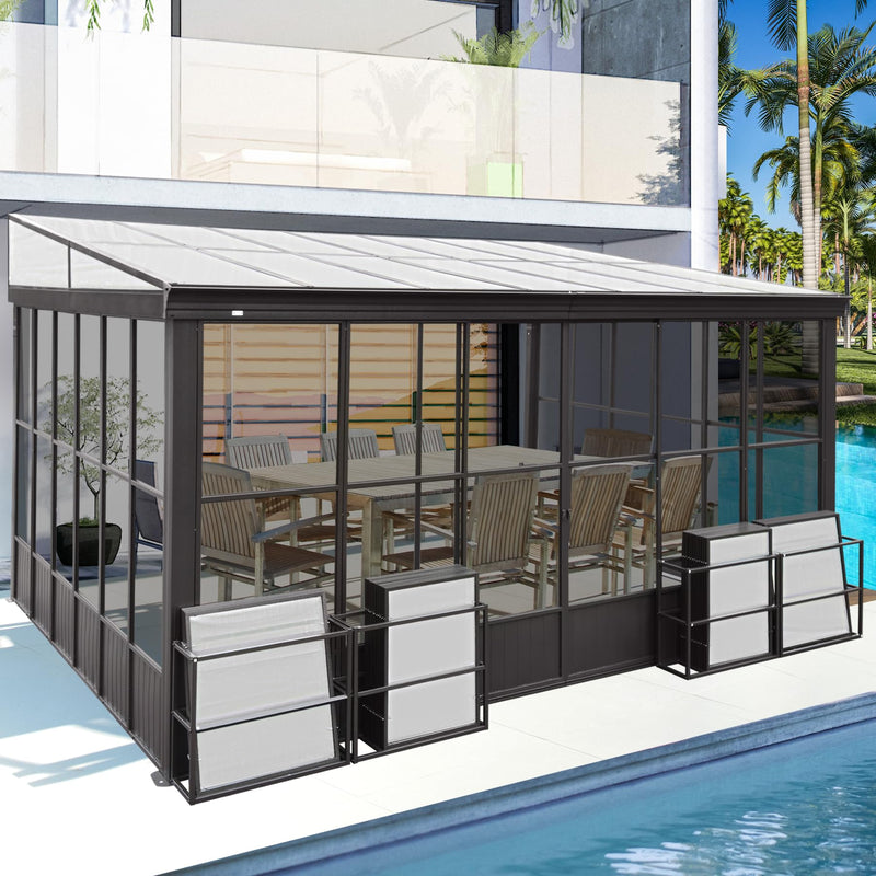 Domi 12x14FT All Season Sunroom, Outdoor Permanent Wall Mounted Solarium with Detachable Polycarbonate Windows, Aluminum Lean to Gazebo Sun Room with 2 Lockable Sliding Doors for Garden Patio Deck