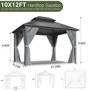 VIWAT 10x12 FT Hardtop Gazebo with Aluminum Frame, Galvanized Steel Double Roof Gazebo with Nettings and Curtains, Permanent Outdoor Metal Pavilion for Patio, Deck, Lawn and Garden, Gray