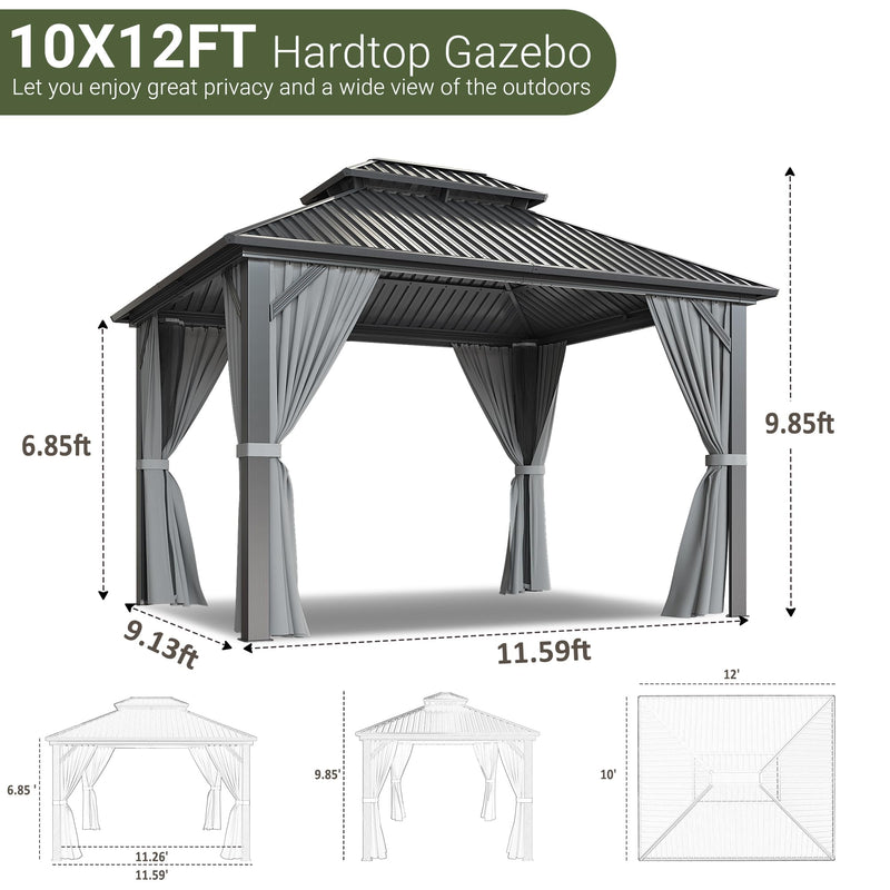 VIWAT 10x12 FT Hardtop Gazebo with Aluminum Frame, Galvanized Steel Double Roof Gazebo with Nettings and Curtains, Permanent Outdoor Metal Pavilion for Patio, Deck, Lawn and Garden, Gray