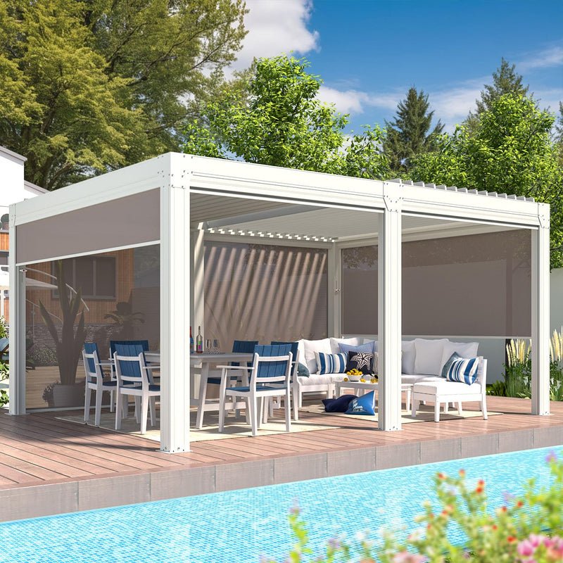 YOLENY Louvered Pergola and 6 Pull-Down Screens, 12x16FT All Aluminum Pergola with Adjustable Rainproof Roof, Outdoor Sun Shade Shelter for Patio, Weatherproof, White