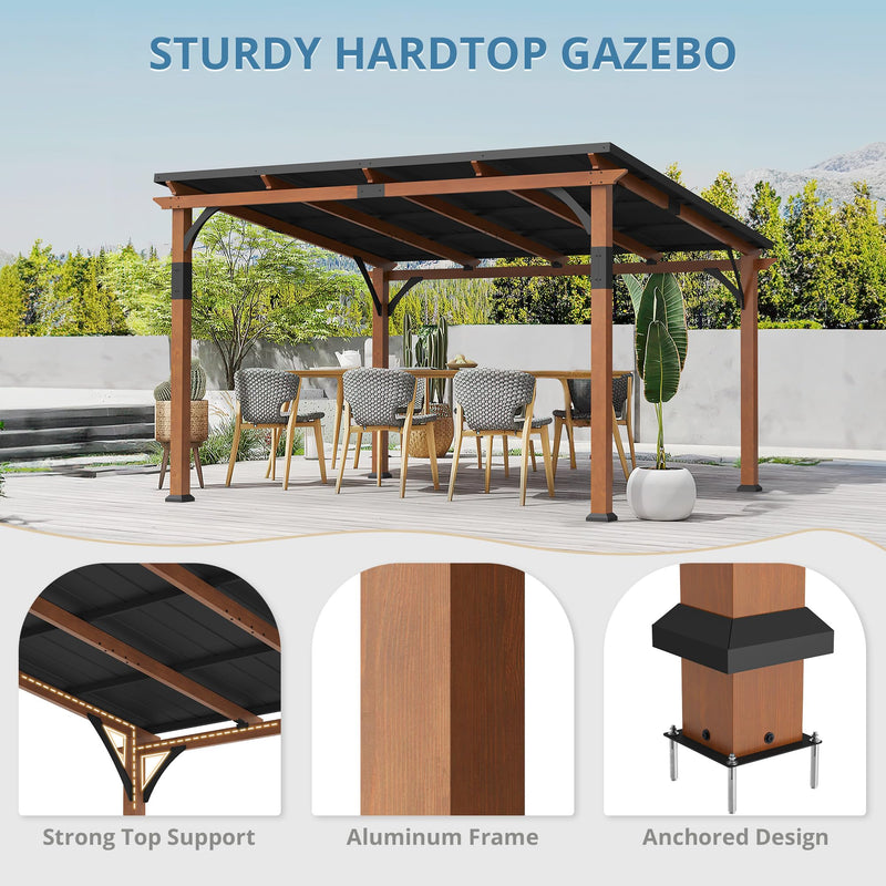 LUE BONA 12x14 ft Hardtop Gazebo, Lean to Gazebo Outdoor Pergola with Wood-Like Aluminum Frame and Metal Roof, Outdoor Permanent Galvanized Steel Pavilion for Deck, Patio, Backyard