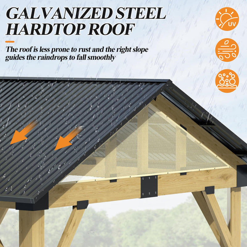 COVERONICS 13’x15’ Outdoor Wood Gazebo - Hardtop Patio Gazebo with Galvanized Steel Roof, Cedar Wooden Gazebo with Privacy Curtains and Netting for Garden, Porch, Patio and Deck