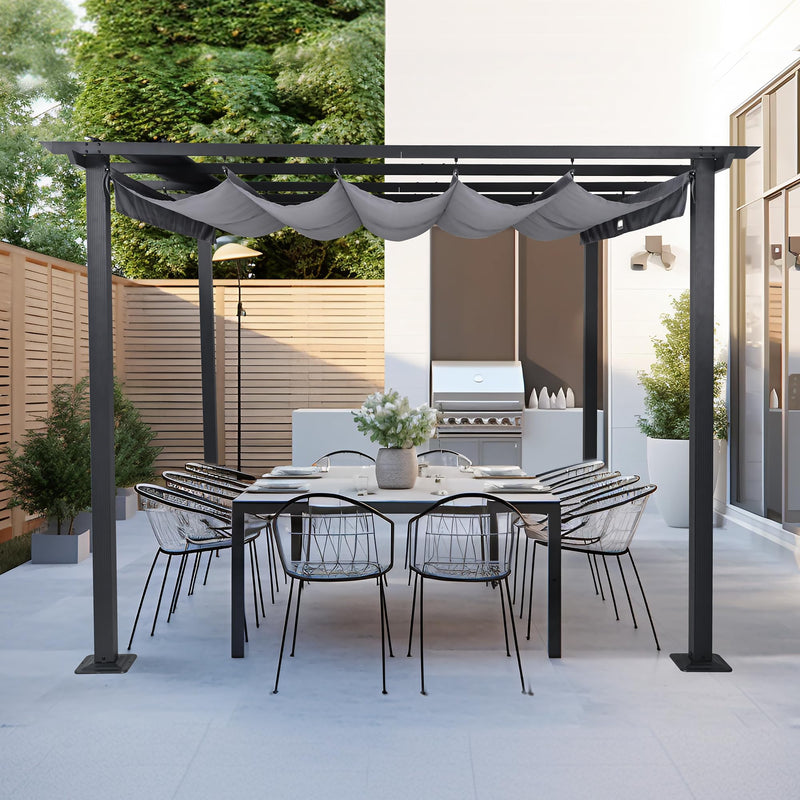 ZEPYARD 10X10 FT Outdoor Pergola, Aluminum Pergola with Sun Shade Retractable Canopy, Patio Retractable Pergola for Deck, Backyard, Grill (Grey)