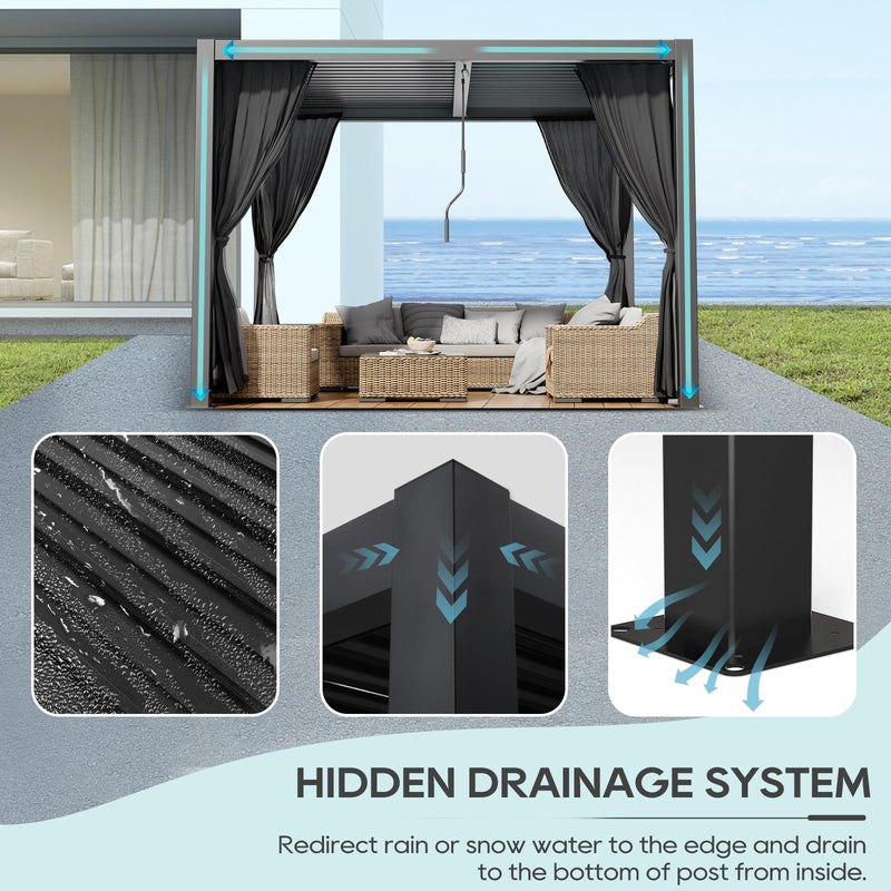 LVUYOYO Louvered Pergola 10' x 10', Outdoor Pergola with Adjustable Roof, Patio Aluminum Frame Metal Gazebo with Curtains and Netting for Patio, Backyard, Garden, Deck (Black)