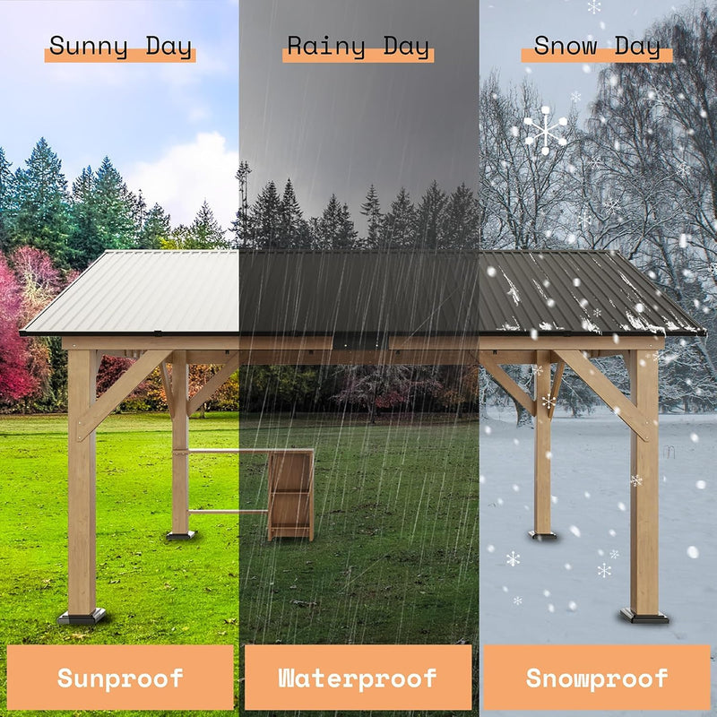 AMERLIFE 13x15 ft Spruce Wood Gazebo, Outdoor Gazebo with Bar Storage, Hardtop Wooden Paviloinwith Metal Steel Gable Roof, Patio, Garage, Black + Natural Wood