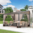 Gotland 10FTx12FT Outdoor Wall-Mounted Hardtop Pergola, Metal Frame Gazebo with Sloping Sun Panel Roof and Double Curtains for Patio, Garden, Lawn, Khaki
